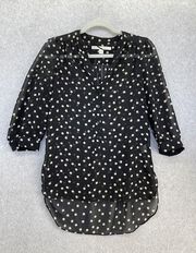 LC Lauren Conrad Women's Button Down Blouse High Low XS Sheer Polka Dot Black