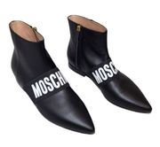 Moschino Ankle Boots Black Signature Logo Strap Leather Flats