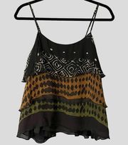 Torn by Ronny Kobo Silk Tank Top Tribal Tiered Layers‎ Floaty Summer Black White