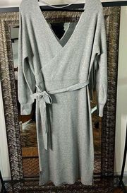 Chelsea 28 Sweater Dress Grey Knit Wrap Top Vneck Belted Side Slit Size Large
