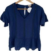 Hem & Thread Womens Peplum Blouse Top Flutter Sleeve V Neck Navy Blue Size Small