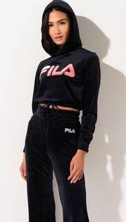 FILA  Aitana Black Velour Logo Cropped Hoodie Size Small