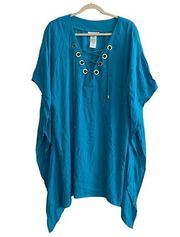 La Blanca Swim Cover Up Teal Blue Medium Capri Lace Up Caftan Vacation Summer