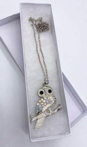 Necklace - Owl silver pendant necklace rhinestone