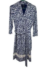 Liz Clairborne Career V Neck Tie Waist Midi Dress Blue White Animal Lace Women M