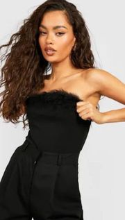 Black Velour Feather Trim Bodysuit