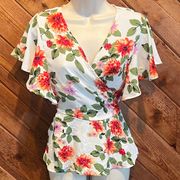 Live 4 Truth floral wrap flutter cap sleeve blouse white orange pink xs