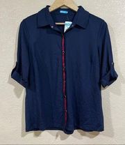 NEW J. McLaughlin Stanford navy blue jersey red velvet strip button front shirt