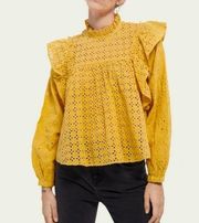 Scotch & Soda Eyelet Lace Ruffle Shoulder Mustard Broderie Anglaise Top Size S