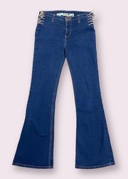 Vintage Y2K 2000’s Dark Blue Denim Lace Up Hips High Rise Flare Leg Jeans