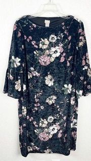 CHICO’S Black Floral Velvet Velour Ruffle Bell Sleeves Shift Dress, Size 18