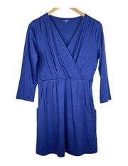 Garnet Hill blue 100% Pima cotton faux wrap 3/4 sleeve knee length dress small