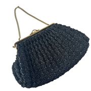 Macrame or Knit Strawy Weave Evening Bag Purse Black Gold Chain