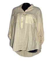 ellen tracy linen pullover 3/4 button gold accent buttons large yellow gold stri