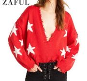 Zaful Red White Distressed Star Deep V Neck Oversized Cropped Sweater One Size
