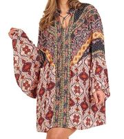 Daydream Believer Bell Sleeve Boho Mini Dress Pink Yellow Grey Medium