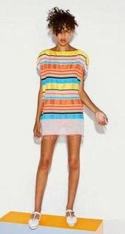 NEW LemLem Neon Orange Makeda Gauze Poncho Striped Multicolor Tunic Top S