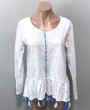 Crown & Ivy Authentic Tee White Blue Tassel Top