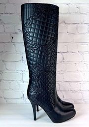 Versace sexy knee high Black Leather Quilted Boots