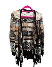 Hale Bon Fringe Aztec Boho Long Sleeve Wrap Sweater Cardigan Womens Medium