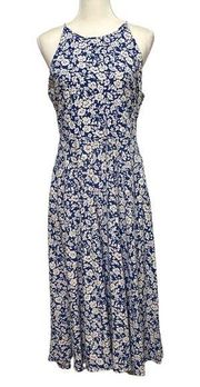 CHAPS Dress Summer Sundress Size Large Blue White Floral Halter Neck Pockets