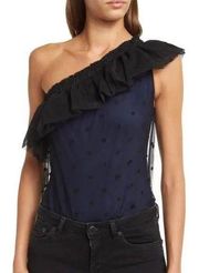 Maje Lowers Dot Mesh Overlay One Shoulder Top