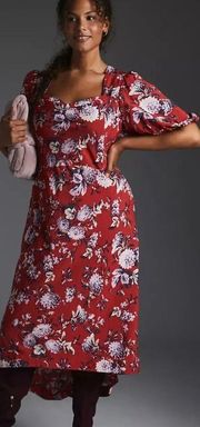 New by Anthropologie Red Floral Puff Sleeve Hi Lo Dress 