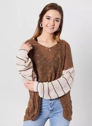 Peach Love California Brown Lightweight Slub Sweater Balloon Sleeves Size Large