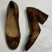 Patricia Nash Anita Block Heel Leather Pumps Bark Leaves Brown Gold Shoes Sz 6