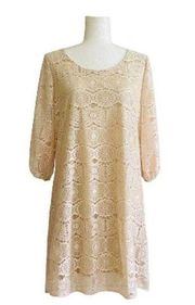 Rachel Kate Dress Cream Pink Lace Overlay 3/4 Sleeve Scoop Neck Dress Medium