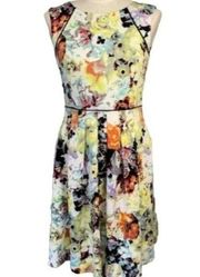 Tahari Arthur S. Levine Dress Womens Size 4 Yellow Floral Pleated Fit & Flare