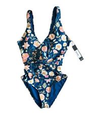 NWT Nicole Miller One Piece Twist Front Deep Neck Swimsuit | Antique Floral | S