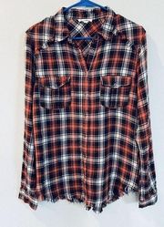 Jane And Delancey Plaid Button Up Shirt Size L Orange Brown Western Raw Hem Top