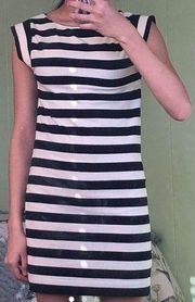 FRENCH CONNECTION Black White Striped Cap Sleeve BodyCon Dress 10 (small fit)