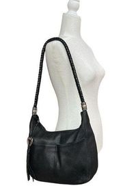 Brighton Barbados Ziptop Hobo Shoulder Bag, Black Leather with Silver Ha…