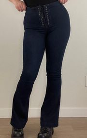 Y2K Vibes Dark Navy Blue Lace Up Fly High Waisted Flare Leg Stretch Jeans