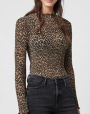 AllSaints Kiara linelo leopard long sleeve mock neck ribbed tee size Small