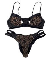 Beach Bunny Black Gold Lace Bikini Bathing Suit Sz L