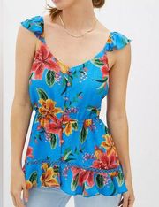 Farm Rio Anthropologie ruffled floral blue tank