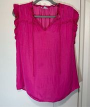 Carolina Belle Womens Ruffle Yoke Split Short Sleeve Top Pink Size: Large