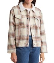 Vigoss Womens L Plaid Faux Shearling Collar Crop Trucker Jacket NEW