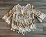 NWT Solitaire S Tan Floral Boho Blouse