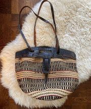 Vintage 70s hand toooled leather and sisal shopper bag kiondo large tote