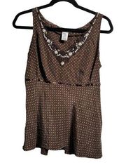 VTG Y2K 100% Silk Brown Polka Dot Tank Top Sz 6 V Neck Lace Embroidered Retro