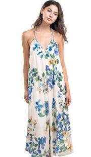 NWT  Blue Gold Printed Halter Tie Back Midi Dress Size S/M