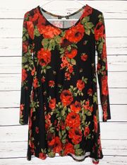 Long Sleeve Black & Red Rose Floral Dress Medium