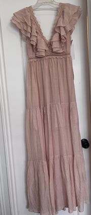 Ruffle V-Neck Pale Pink Maxi Dress