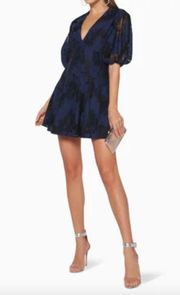 the label navy black lace puff sleeve v neck mini dress M