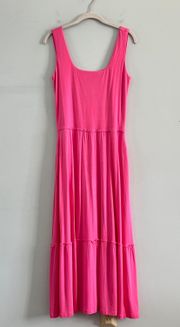 Pink Solid Knit Scoop Neck Tiered Ruffle Midi Dress