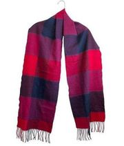 NWT Aran Sweater Market 100% Extra Fine Merino Wool Plaid Tartan Scarf Red Blue